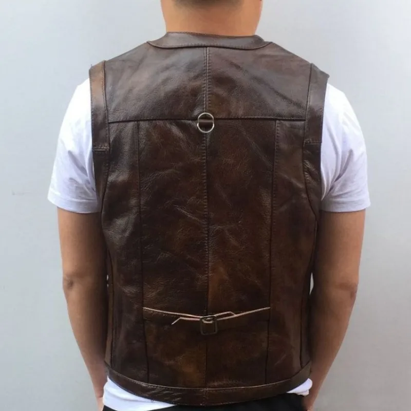 Cowhide Genuine Leather Vest Men Brown Waistcoat Male Sleeveless Jacket Thick High Quality Motorcycle Multi Pocket Zipper | Мужская
