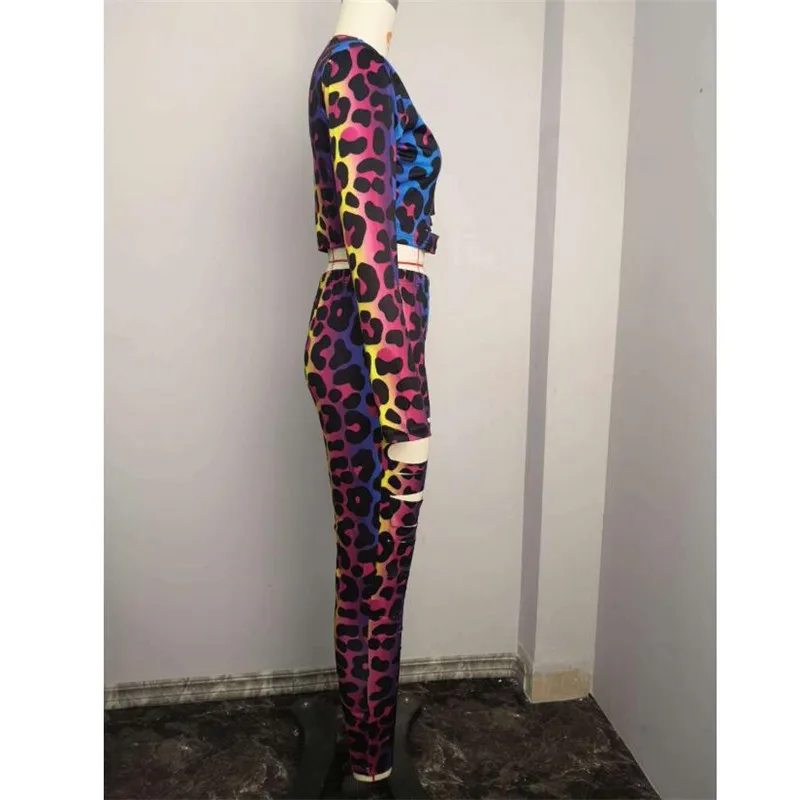 

Leopard Print Sexy Two Piece Set for Women Tie Dyeing Printed Long Sleeve Hollow Crop Top Ripped Pencil Pants Night Club Suits