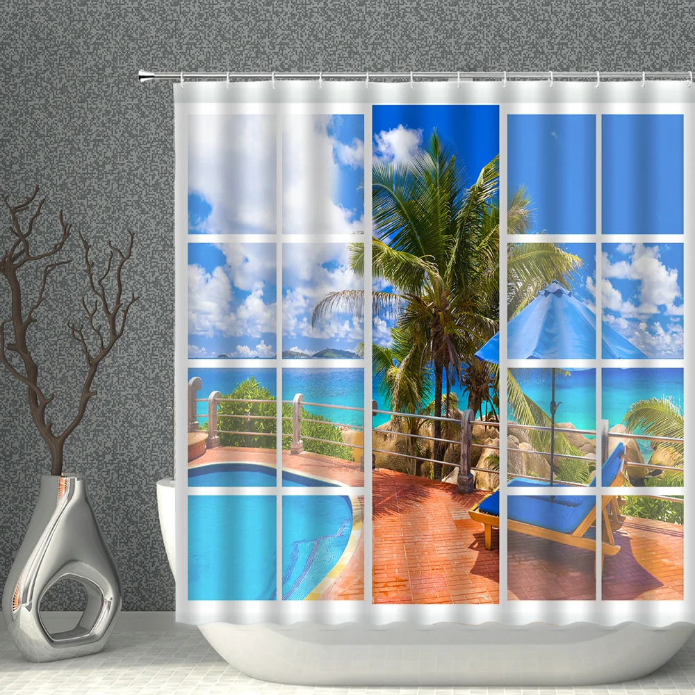 

Ocean Scenery Outside Window Shower Curtain Sea View Beach Woods Plants Flowers Butterflies Seagulls Animals Washable With Hooks