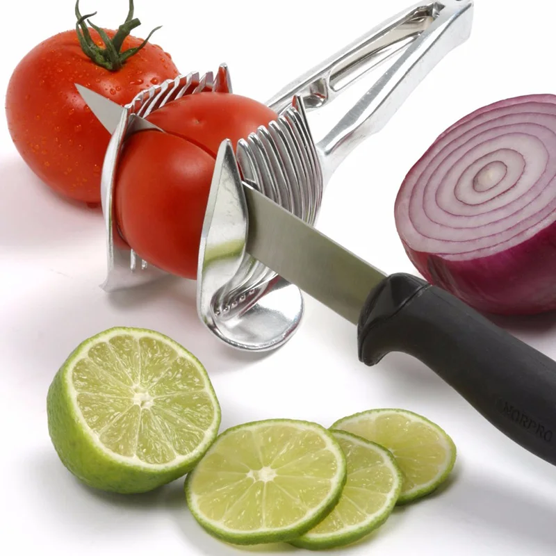 

New Handheld Stainless Steel Potato Slicer Tomato Cutter Tool Shredders Lemon Cutting Holder Safety Kitchen Cooking Tool