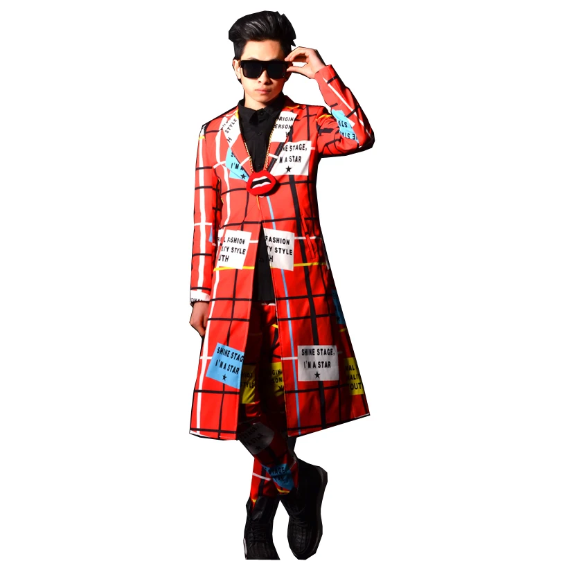 Модный костюм певицы для выступлений в ночном клубе мужской красный длинный