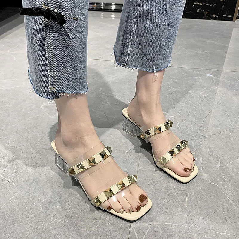 

Shoes Woman 2021 Female Slippers Luxury Slides Rubber Flip Flops Med Square heel Transparent Heel Rivet New Designer Hawaiian
