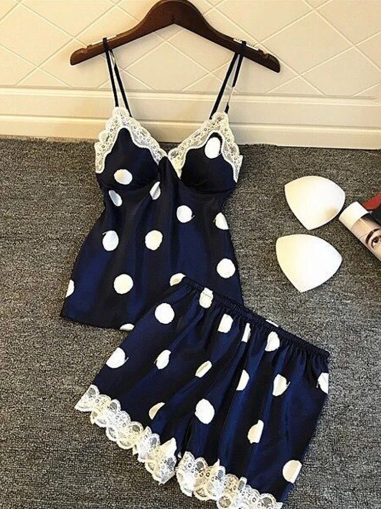 

Women's Pajamas Shorts Sexy Pajamas Sleeveless Summer 2021 Thin Home Clothes For Women Polka Dot Lace Chest Pad Two Piece Set