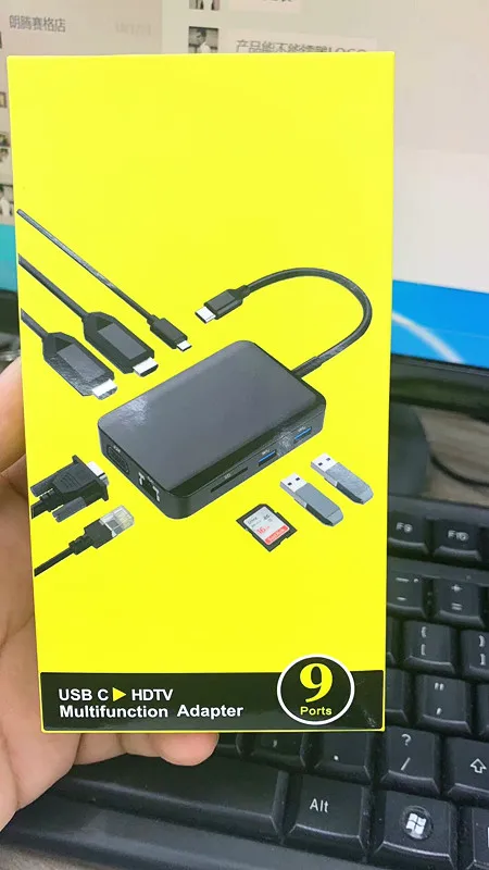 

9 в 1 USB C концентратор для HDTV + VGA + USB + PD SD RJ45 3,5 аудио 3,0 порт кардридер адаптер