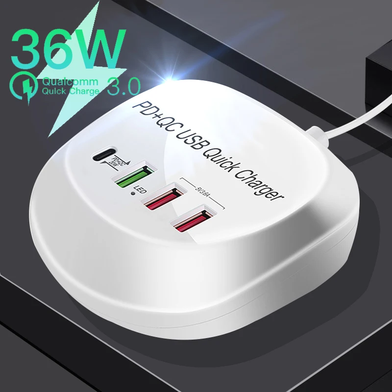 

Mini 4 Port Desktop Charger Hub Multi USB Fast Charging Station Mobile Phone Quick Charge Adapter For iPhone 12 Pro Max Xiaomi