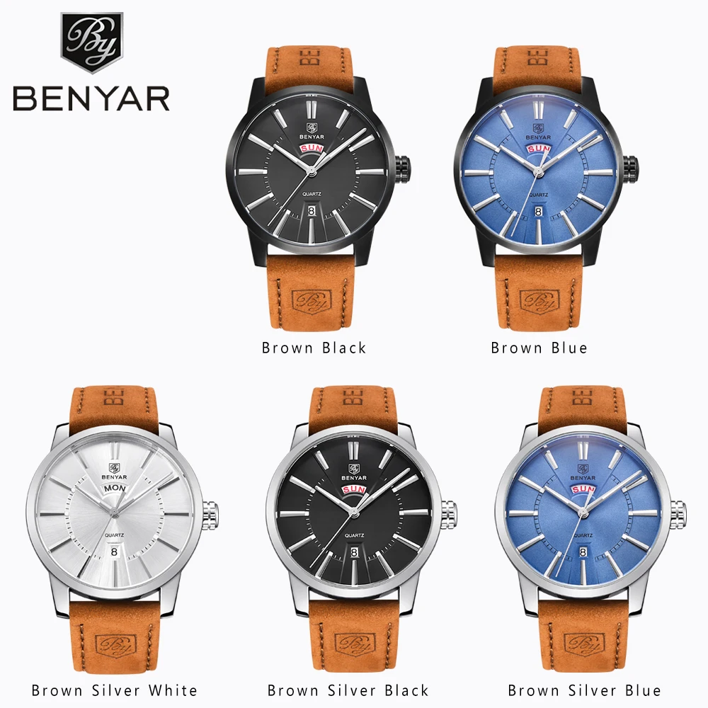 

BENYAR Business Watches for Men Brown Top Brand Luxury Military Leather Wristwatches Man Date&week Display Clock Fashion Watch