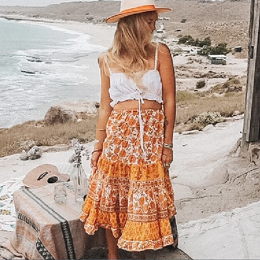 Женская длинная юбка в стиле бохо TEELYNN желтая летняя из вискозы с цветочным