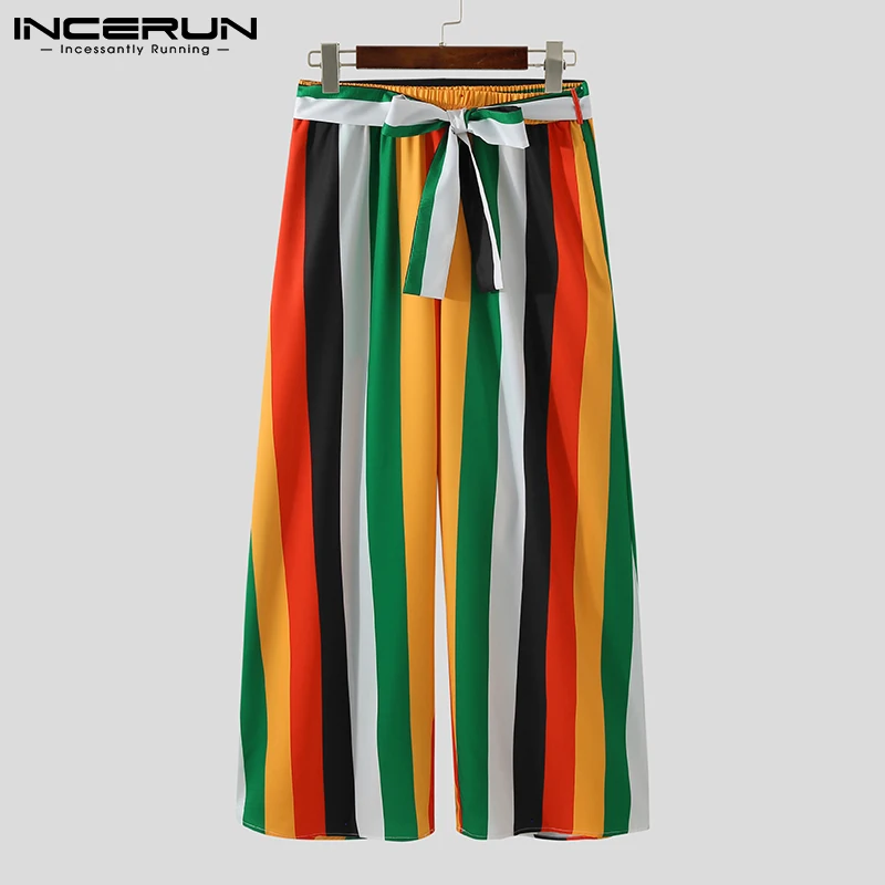 

INCERUN Men Striped Pants Lace Up Streetwear Loose Joggers 2021 Wide Leg Trousers Men Vacation Casual Pantalones Hombre S-5XL
