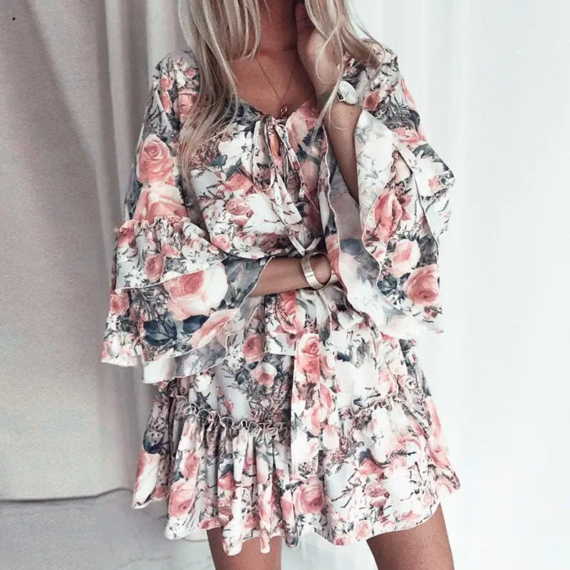 Женское Короткое платье в стиле бохо повседневное пляжное с v-образным вырезом