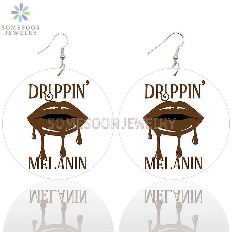 

SOMESOOR Drippin Melanin Lips Design African Wooden Drop Earrings Both Sides Printed Black Artistic Loops Jewelry For Women Gift