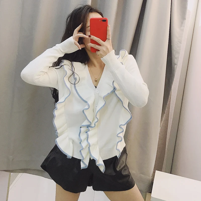 Женские свитера с оборками 2020 модные повседневные Лоскутные кардиганы v-образным