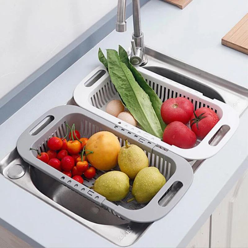 

2pcs Retractable Drying Rack Fruit and Vegetable Basket Basin Washing Basket Sink Filter Colander Drainer Kitchen Sink Drainer