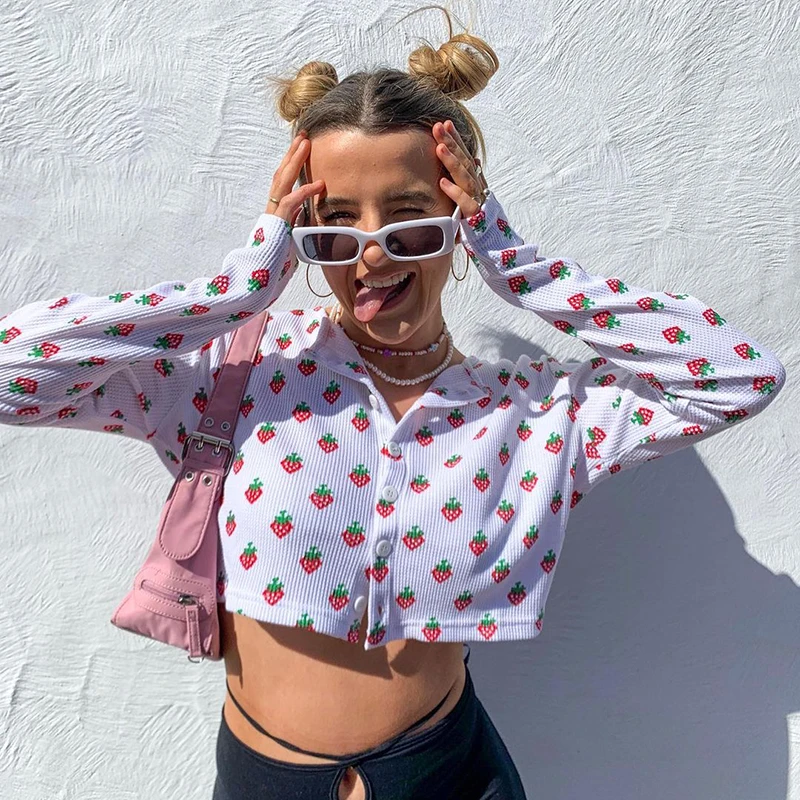 

New Cute Print Women T-Shirt Knitted Button Up Long Sleeve Cardigan Autumn Casual Cropped Top Korean Fashion Kawaii Tees