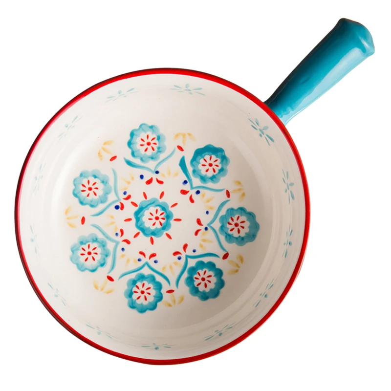 

7.5-inch Handle Baked Rice Bowl Hand Painted underglaze Color Ceramic Baking Bowl Soup Bowl Breakfast Fruit Salad Bowl