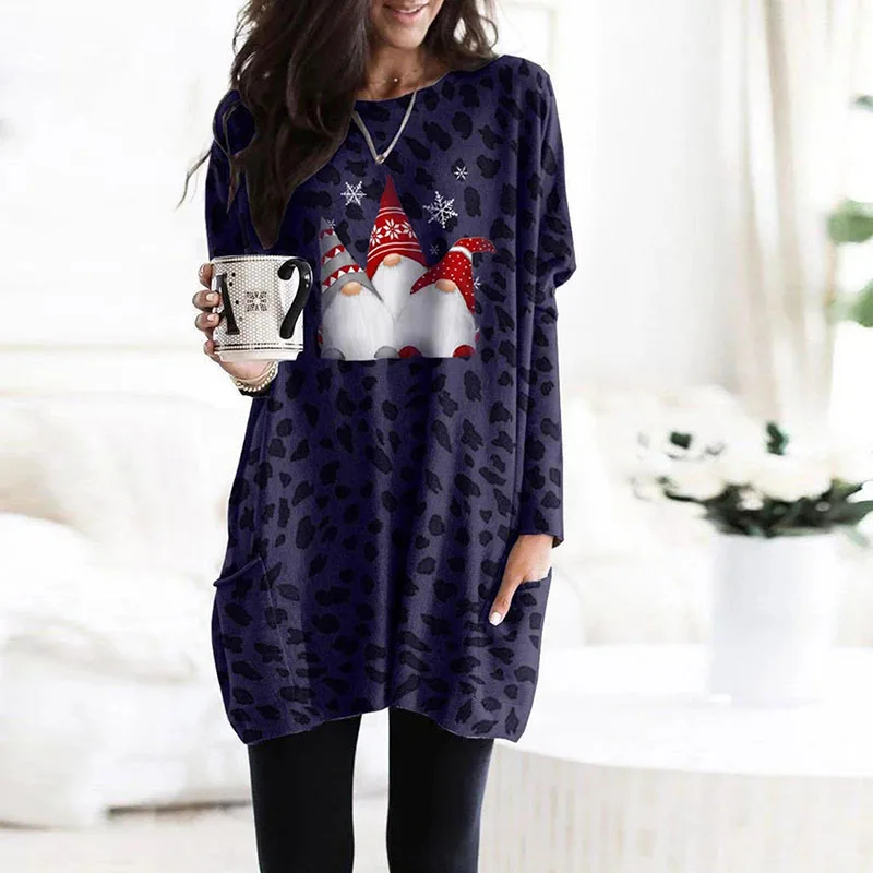 

Christmas Plus Size Loose Leopard Round Neck Long Sleeve Dress Fashion Casual Printed Pullover Mid-Length Skirt Winter Women's