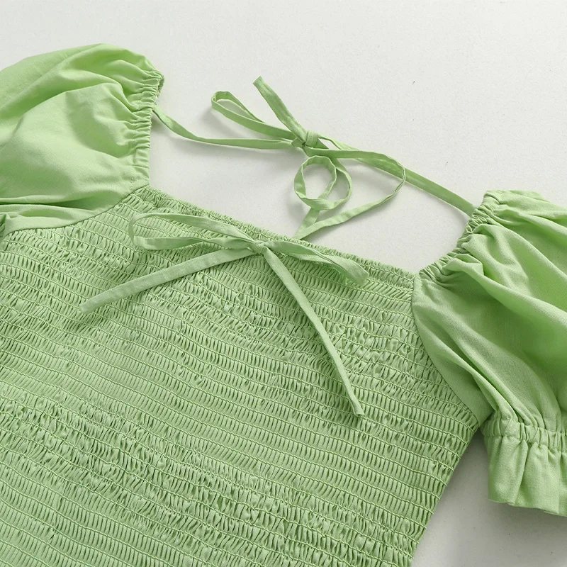 

Hot Selling Slash Neck Light Green Bodycon A Line Ruffle High Quality Elastic Puff Sleeves One Piece Pleat Dress