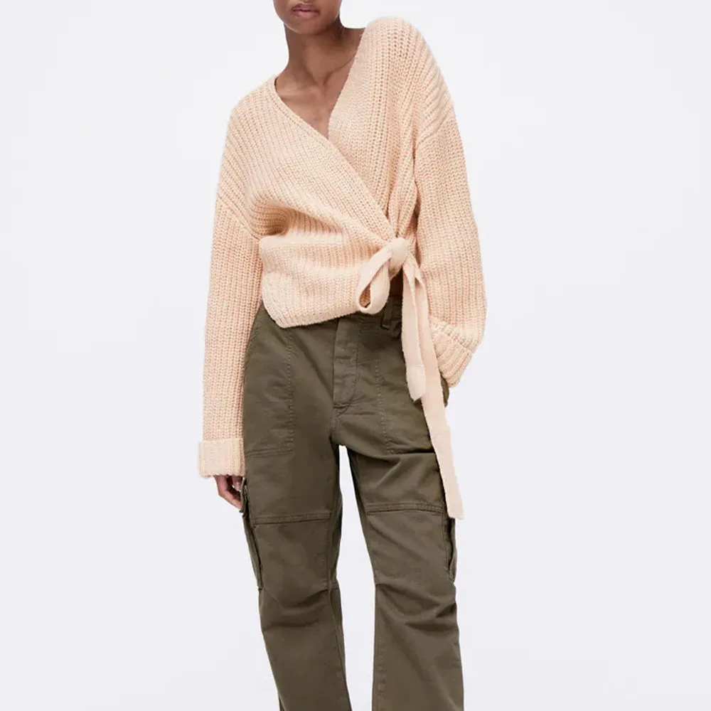 

BM UR HM ZA women's 2021 fall new fashion chic ladies sweater casual all-match V-neck bow tie double-breasted knitted jacket