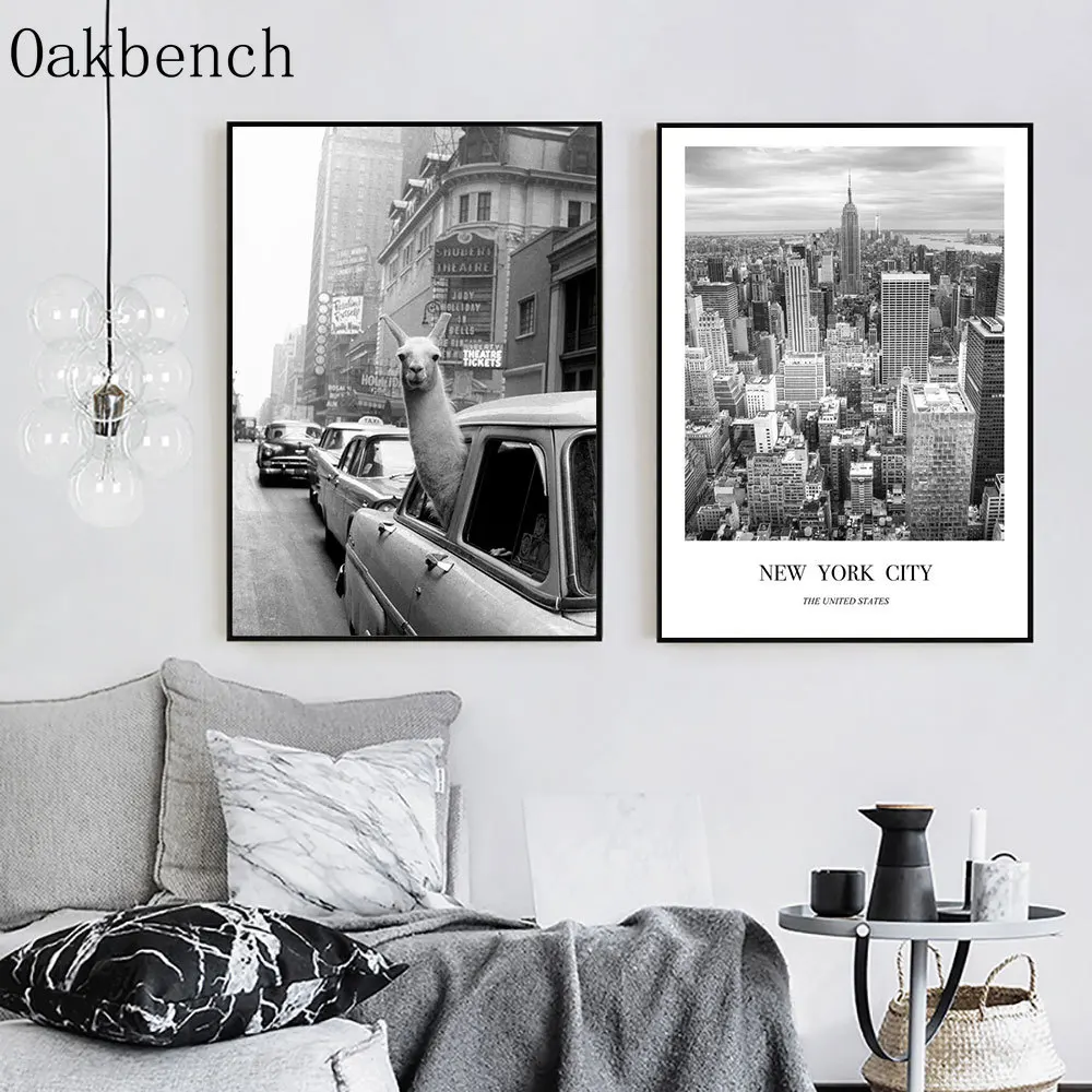 Черно-белая холщовая картина лама в такси Настенная для гостиной животные