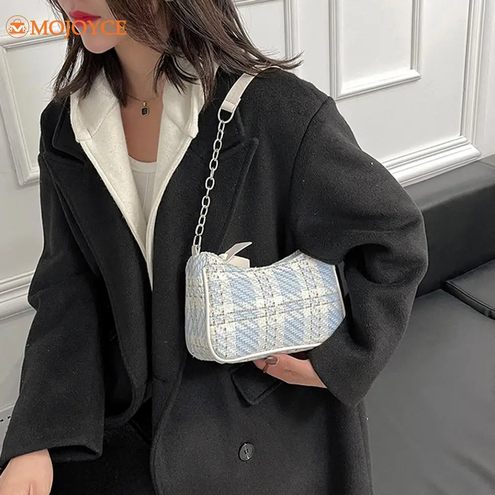

New Fashion Women Woolen Plaid Armpit Handbag Mini Crescent Top-handle Bag Vintage Female Designer Handbag Shopping Tote Purse