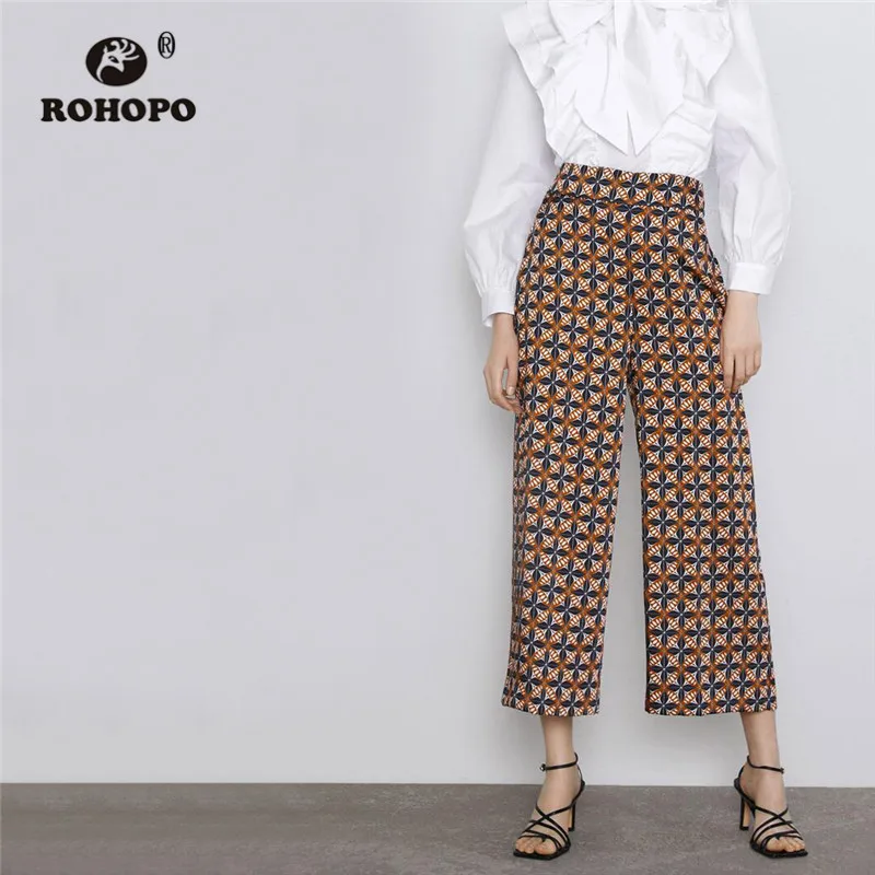 ROHOPO/Винтажные широкие брюки с геометрическим принтом высокой талией потайные в