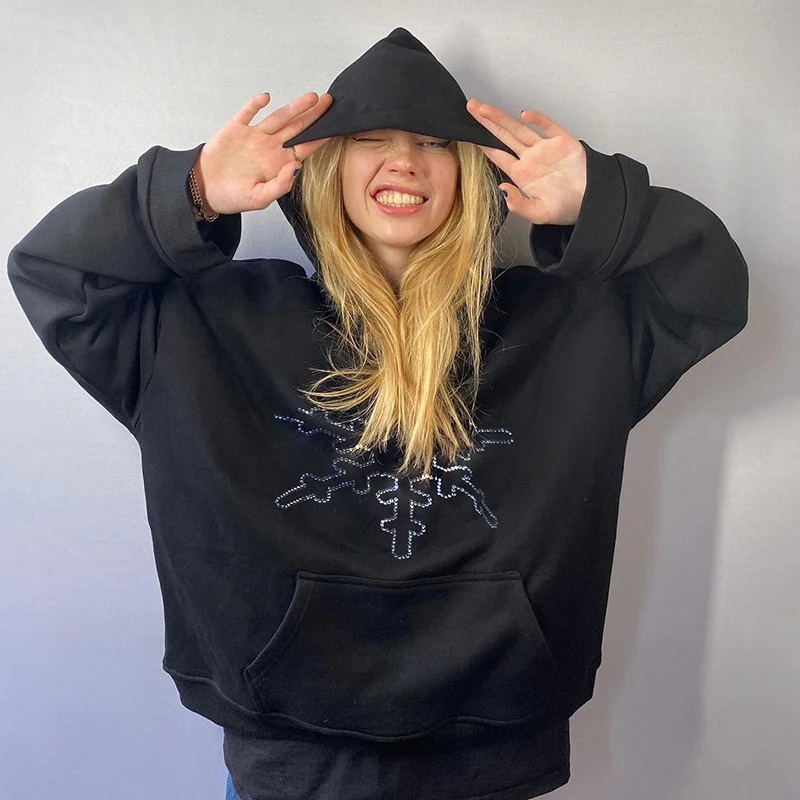 

Alinemyer Korean Fashion Oversized Hoodies Sweatshirts Winter 2021 Women Goth Streetwear Floral Print Black E-Girl Long Pullover