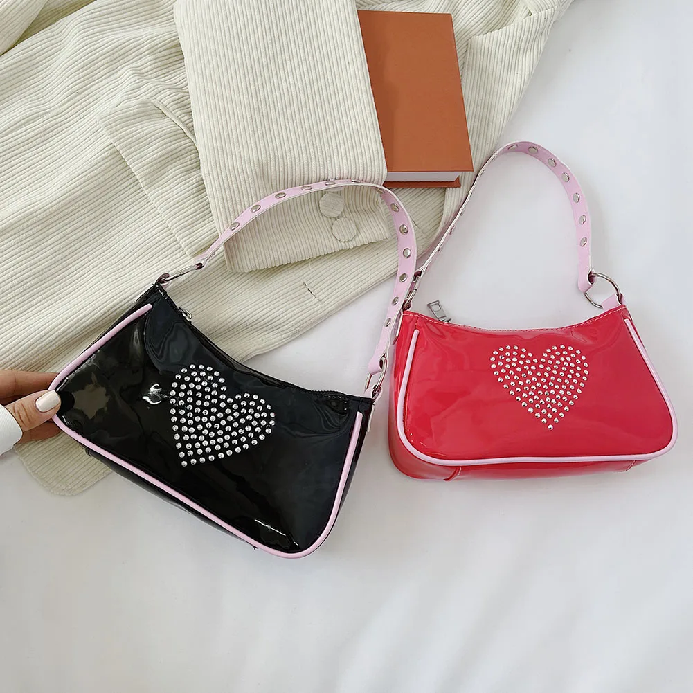 

Fashion Women Rivet Strap PU Leather Rhinestone Love Underarm Shoulder Bag Casual Ladies Glitter Small Hobos Handbag Purse