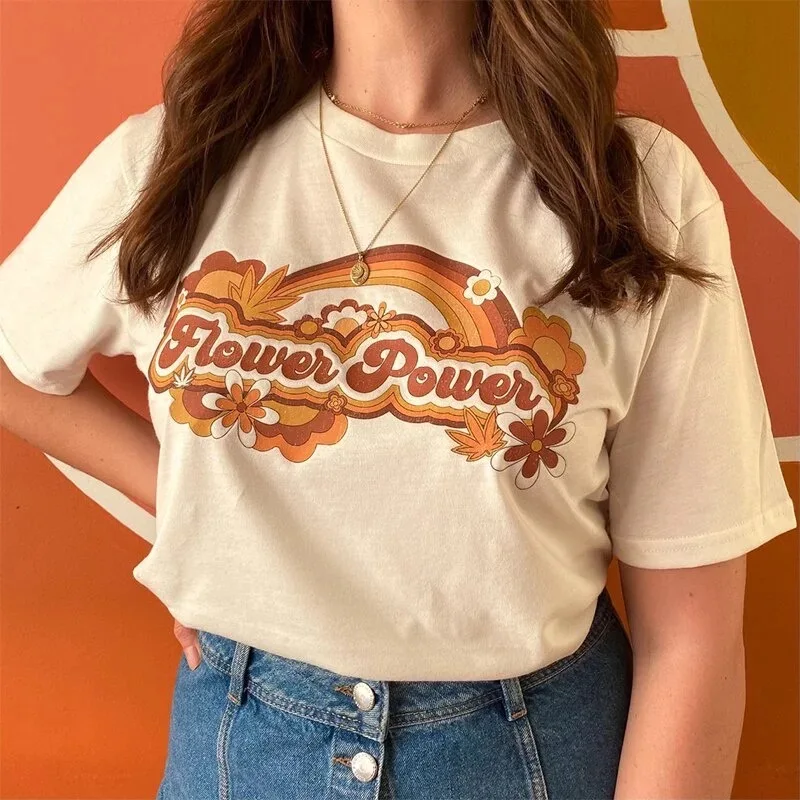 Футболка женская с цветочным принтом повседневная тенниска цвета хаки из хлопка