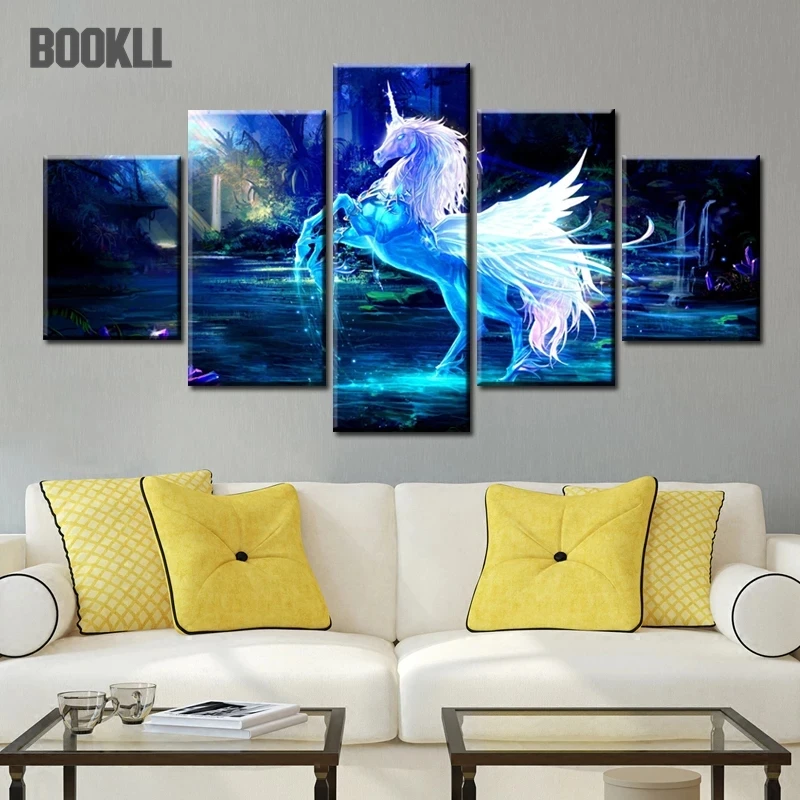 

5 Panels Running Steed White Horse Cartoon Canvas Paintings HD Prints Animal Horses Poster Wall Art For Living Room Decor