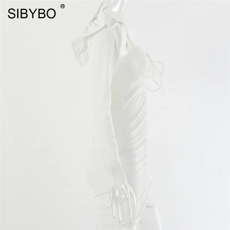 SIBYBO/осеннее платье с длинными рукавами и оборками, женское Бандаж с v-образным вырезом, мини-облегающее платье, однотонное женское вечернее платье с открытой спиной