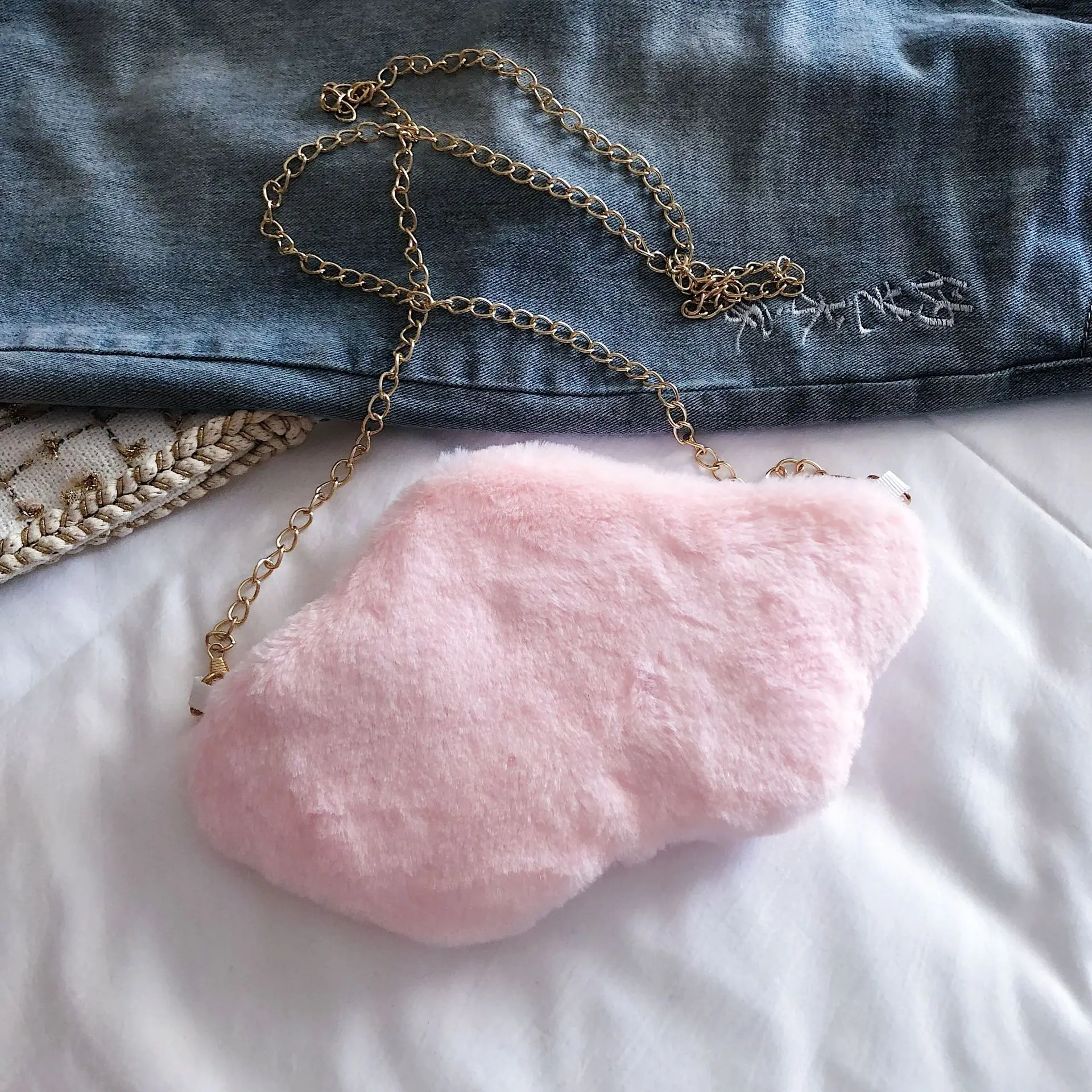 Cute Children's Soft Plush Shoulder Bags Winter Pink Cloud Baby Girls Small Crossbody Bag Lovely Kids Chain Coin Purse Handbags