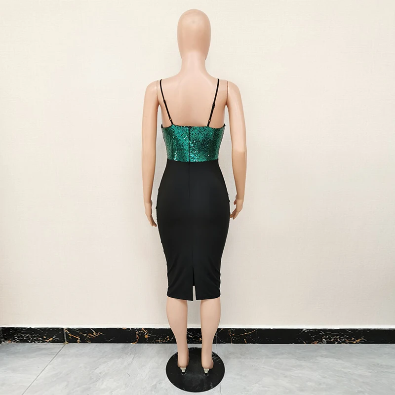 

Glitter Sequins Patchwork Slim Fit Dress Women Deep V Neck Sleeveless Bodycon Vestidos Vintage High Waist Backless Pencil Dress