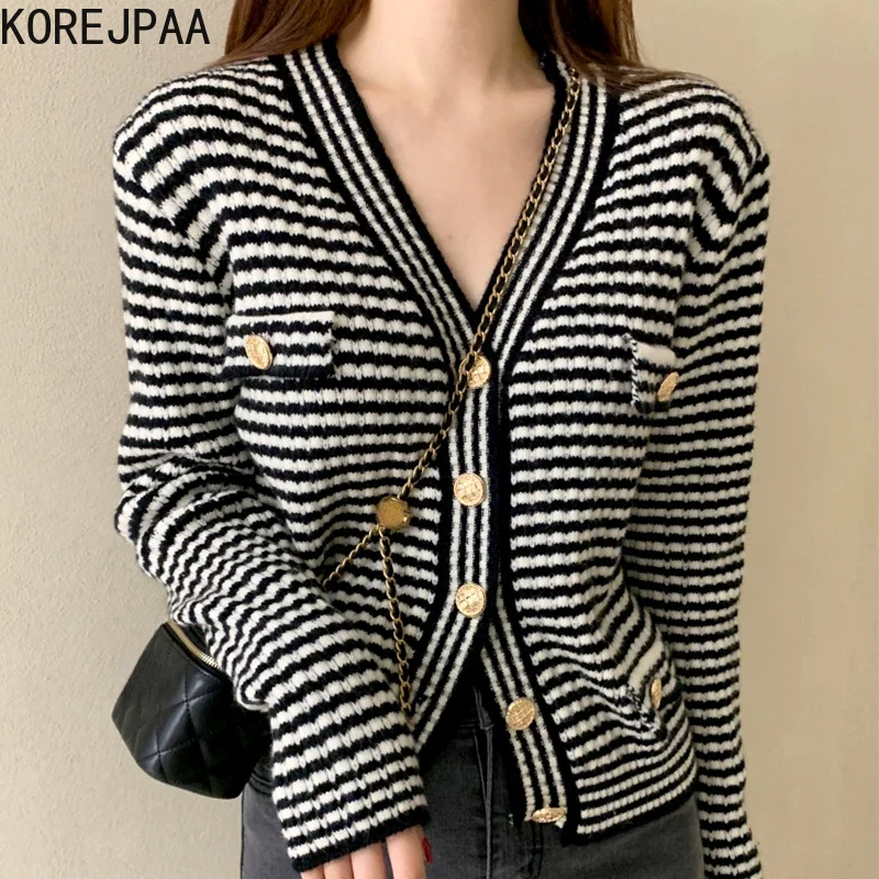 

Женский однобортный Кардиган в полоску, элегантный вязаный свитер с длинным рукавом в Корейском стиле, повседневная верхняя одежда, осень ...