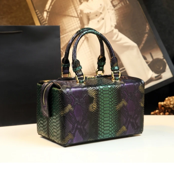 New Europe Style Top Handle Bag Split Leather Women's Handbags Panelled Serpentine Box Shoulder Messenger Clutches Chain Bolsas