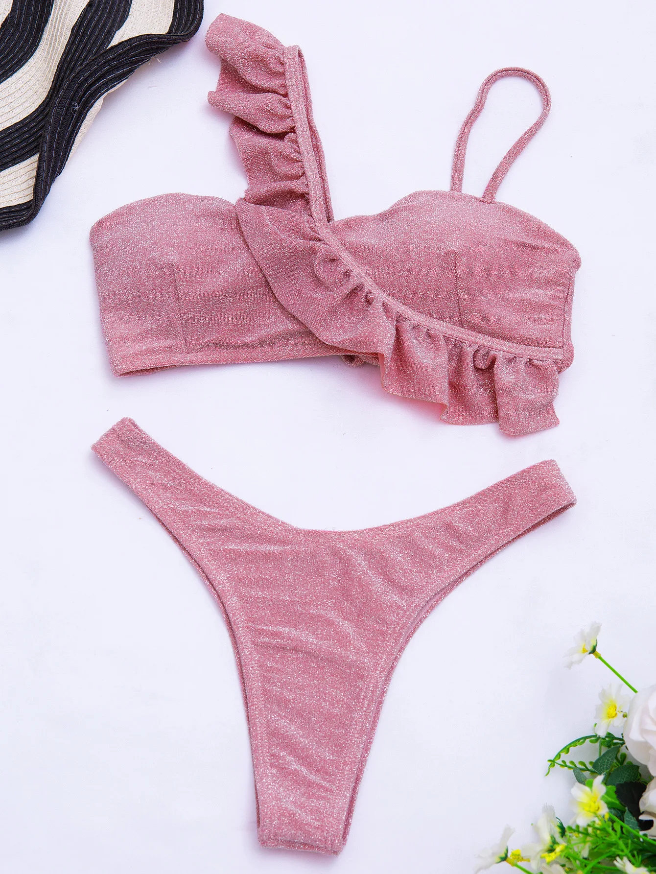 

2021 ladies pure color flounces split body swimsuit sexy bikini