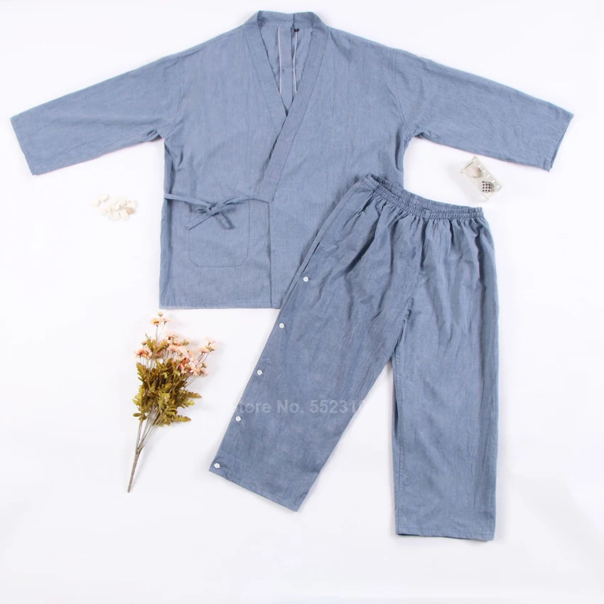 

Pure Cotton Japanese Style Sleepwear Set 2020 New Spa Sauna Wear Open Back Message Bathing Pajamas Men Women Kimono Yukata