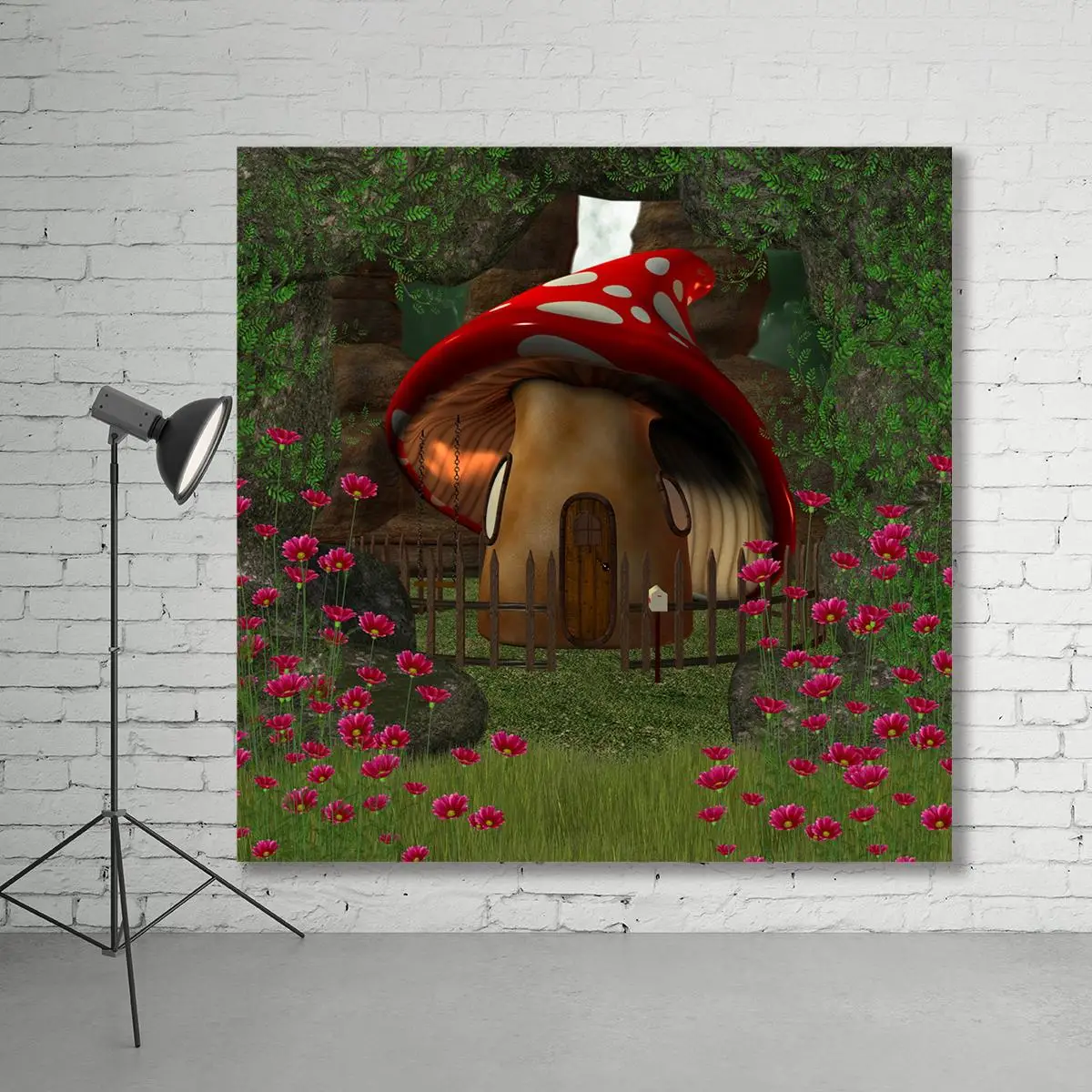 

Cartoon Flowers Mushroom Home Forest Psychedelic Landscape Sunlight Backdrop Photo Studio Props Photography Background Vinyl