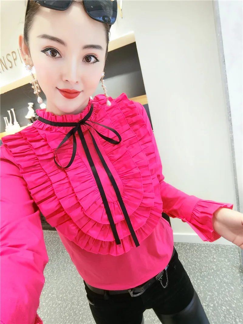 2021 Spring Long Seeve Ruffles Cotton Shirts Women Office Work Layers red Sweet Blouse Tops | Женская одежда