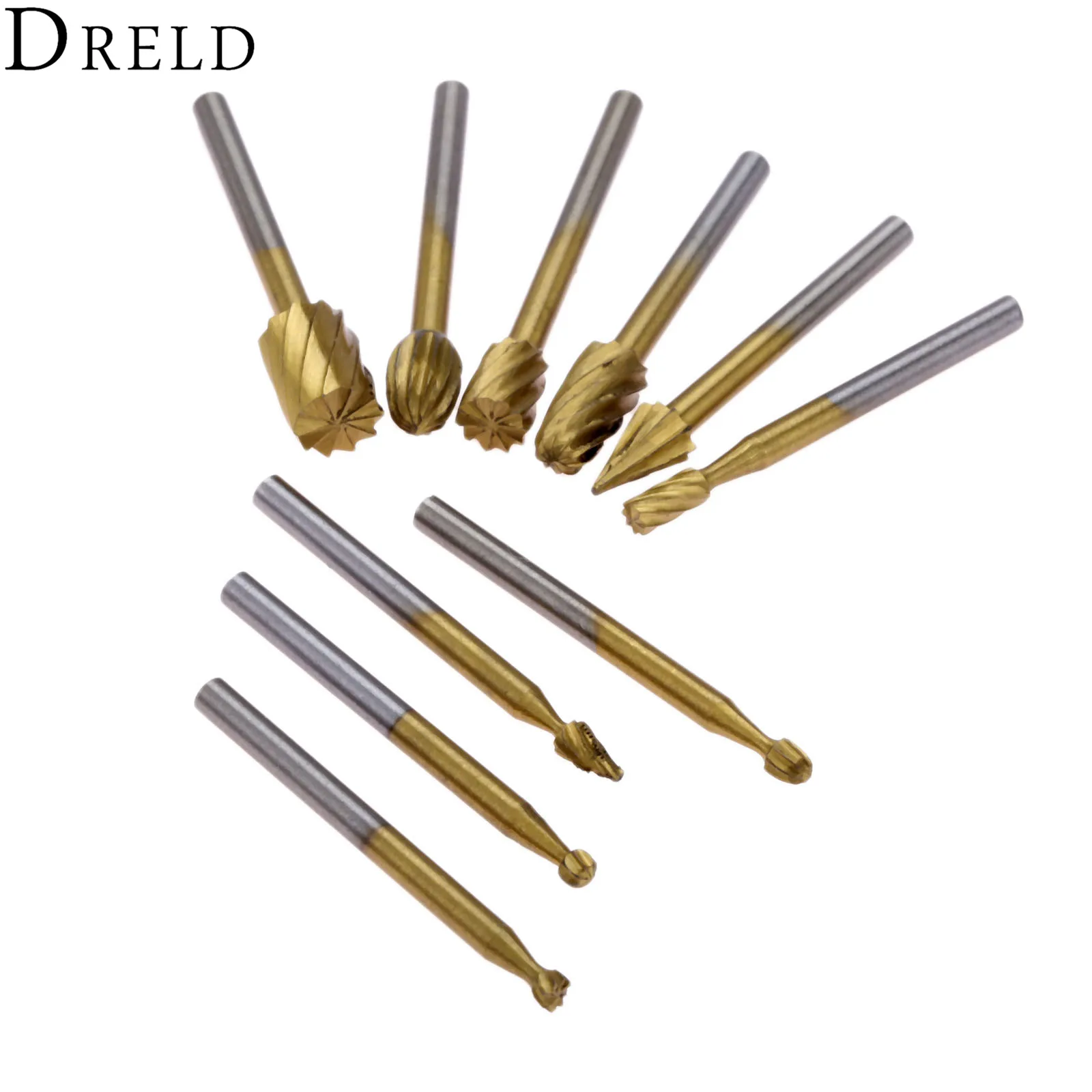 

Древесные фрезы DRELD из быстрорежущей стали, 10 шт., фрезы для шлифовки, гравировки, фрезы для вращающегося инструмента Dremel, хвостовик 3 мм, инструменты для деревообработки