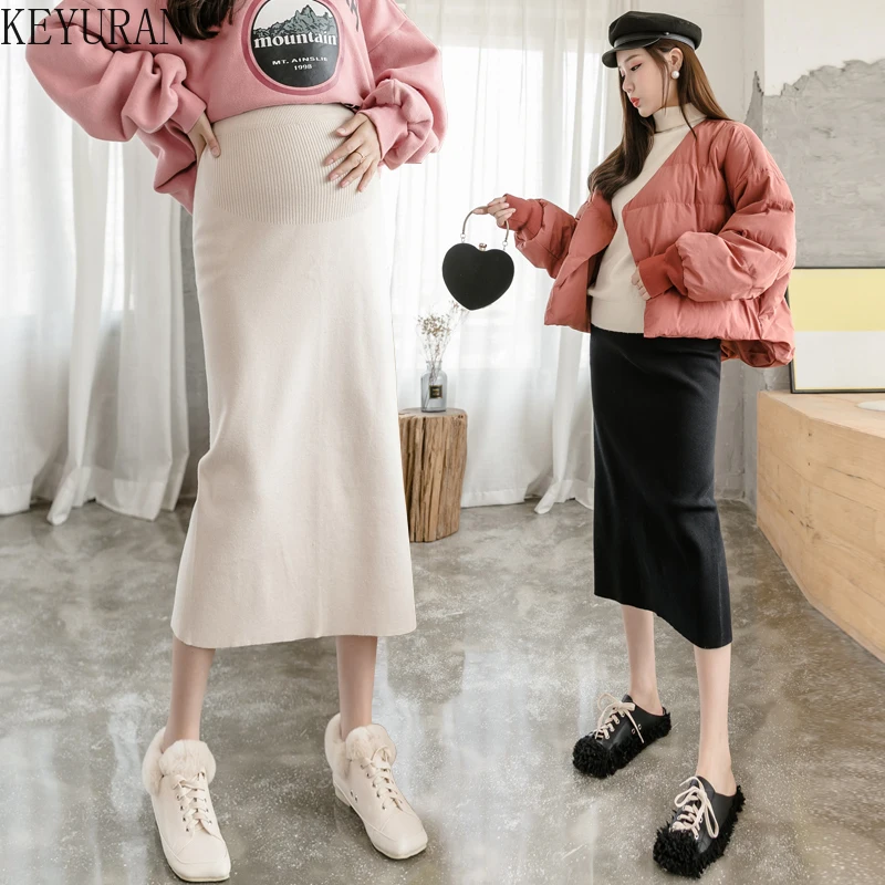 

Осенне-зимние трикотажные юбки для беременных с Боковым Разрезом юбки-карандаш средней длины для беременных шикарная Одежда для беременны...