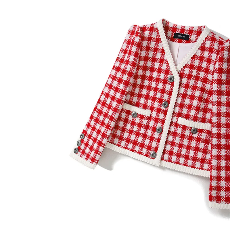 

Handmade Luxury Wool Jacket for Women Vintage V Neck Red Plaid Tweed Single Breasted Wool Short Coat