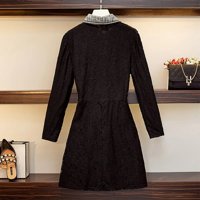 Женское кружевное платье-рубашка черно-белое повседневное элегантное модное
