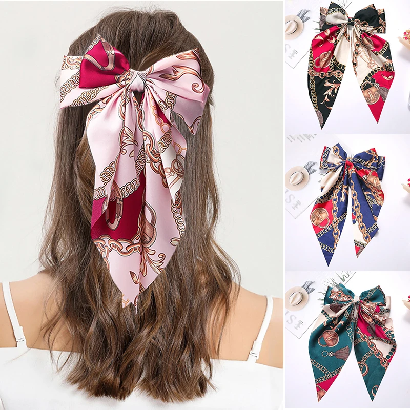 

2021 New Printing Satin Girls Bow Hair Band Trendy Ribbon Hairpin Temperament Ribbon Bow Ladies Headwear Hair Accessories