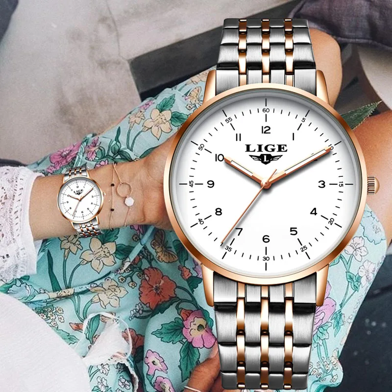 Часы наручные LIGE женские кварцевые под розовое золото с бриллиантами|Женские