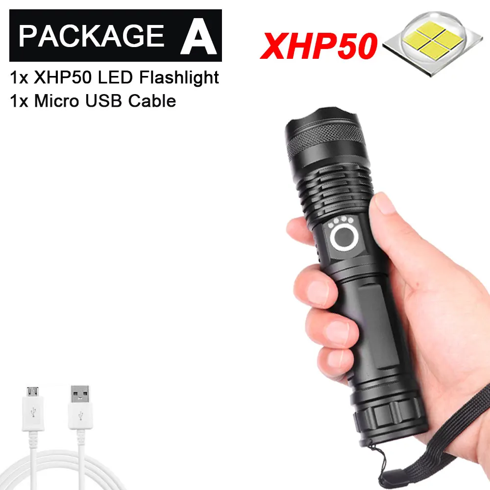 Package A-XHP50 Мощный светодиодный фонарик с XHP 70,2, лампа с бусинами, масштабируемый, 3 режима освещения, светодиодный фонарь, USB Перезаряжаемый, для кемпинга, охоты, лампа - Испускаемый цвет: Package A-XHP50