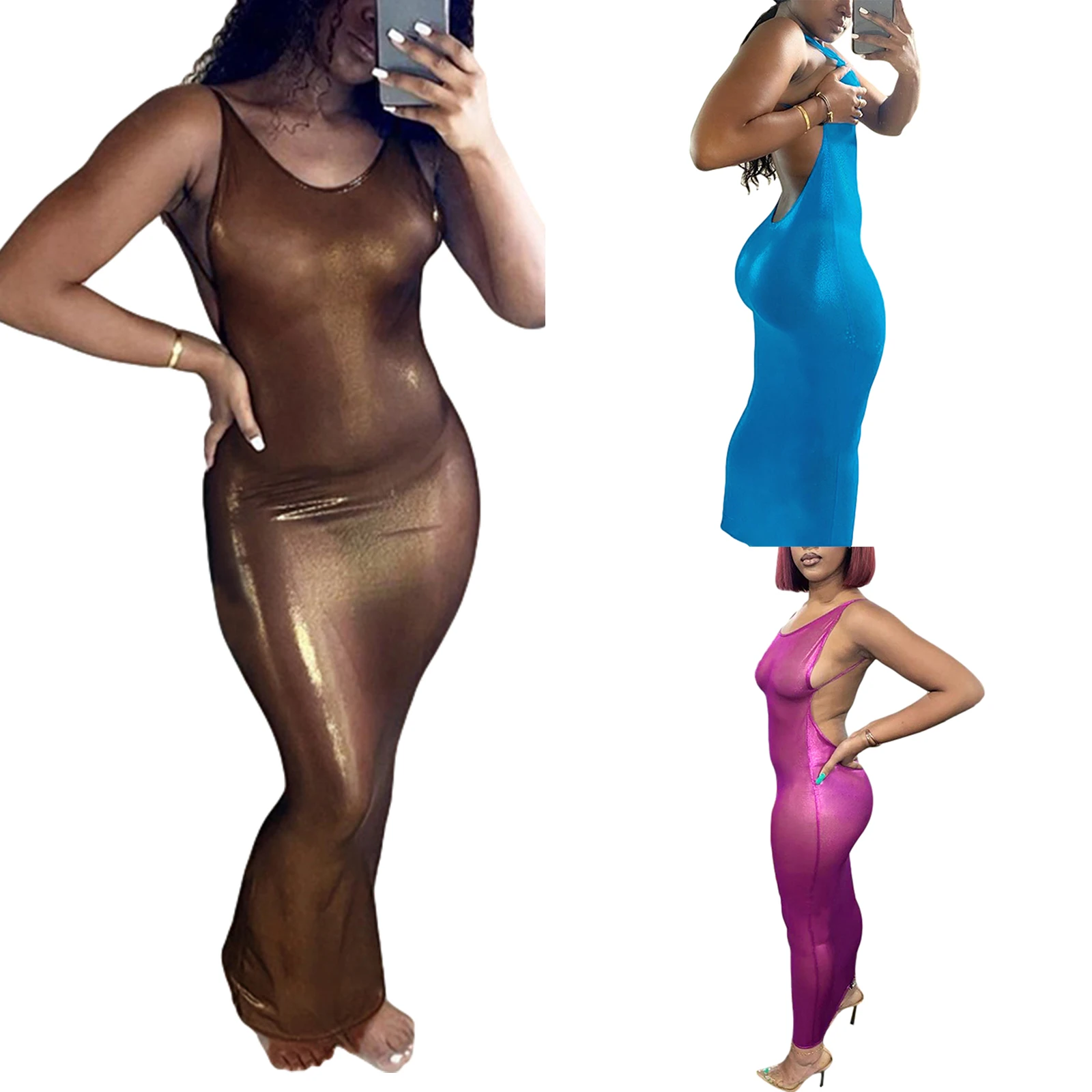 

Women's Slim Fit Dress, Lady Sexy Crew Neck Solid Color Spaghetti Straps Long Dress