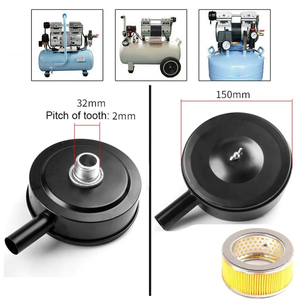 

Black Compressor Male Threaded 32mm Air Intake Silencer Filter Metal Shell 150mm Air Compressor Intake Filter Muffler Spare Part