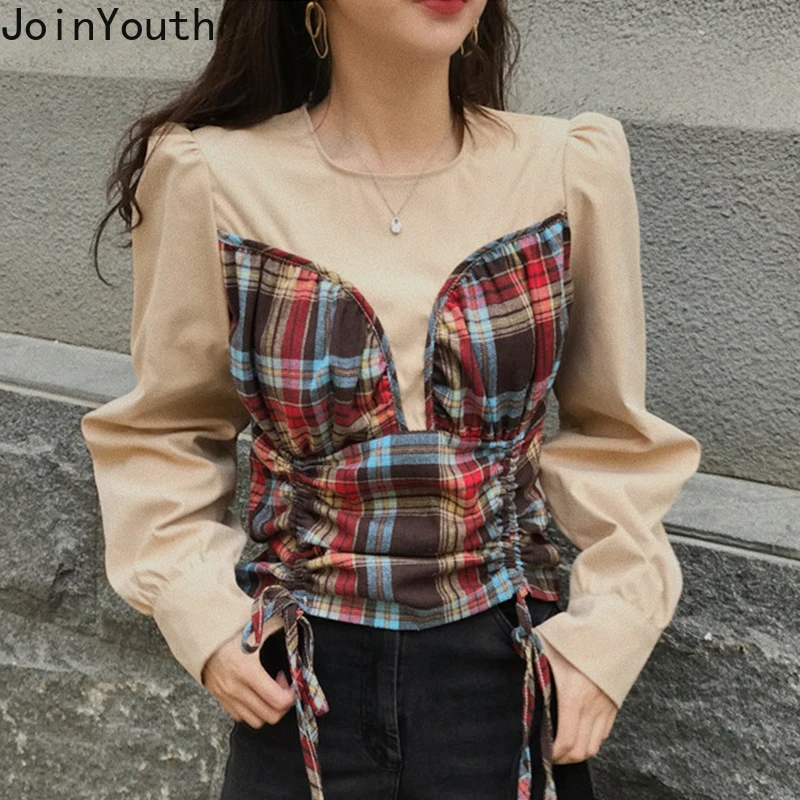 Joinyouth винтажная клетчатая Лоскутная Блузка на завязках имитация двух частей
