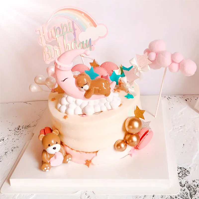 Kawaii Moon Sleeping Bear Топпер для торта счастливые топперы для торта на день рождения для мальчиков и девочек Детские вечерние украшения торта для детей