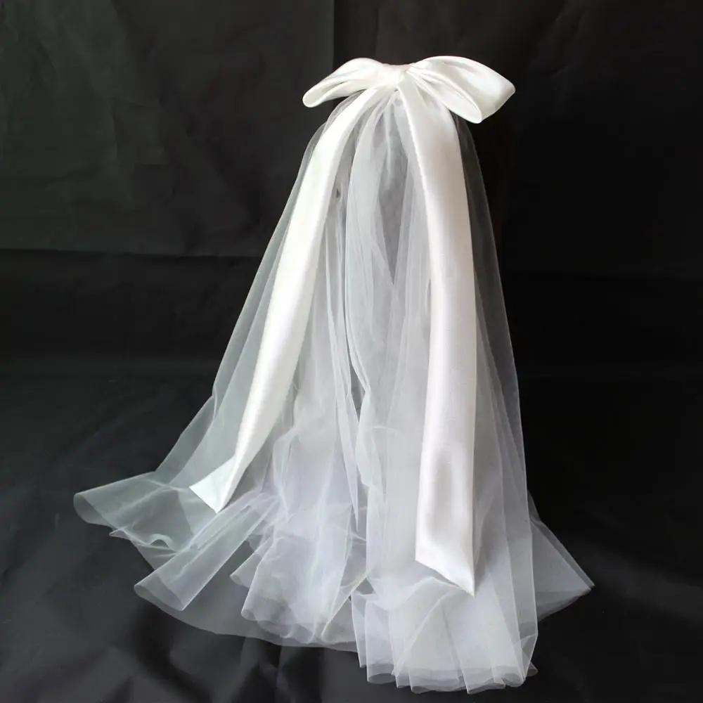 

Фата невесты короткая из Мягкого Тюля, два слоя, белая, длина до плеча, с бантом, вуаль свадебные аксессуары