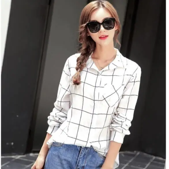 Primavera Outono Feminino Manga Longa Camisa Xadrez Blusa Casual Solto Topo Fino Longo Outwart|Рубашки| |